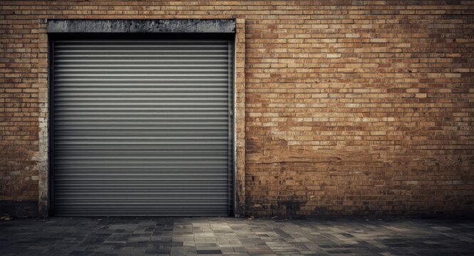 Vintage urban themed background with industrial garage door on textured brick wall and ample copy space
