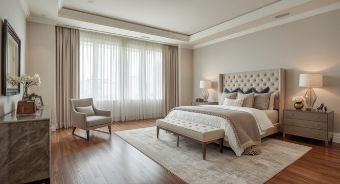 master bedroom space with curated furnishings in a newly built upscale home