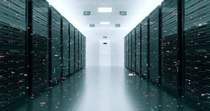Advanced Server Room Interior with Glowing Rack Systems 4K. Technology And AI Related 3D Animation.