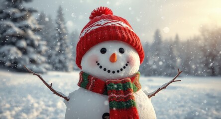 Obraz premium Happy snowman dressed in seasonal scarf and Santa hat amidst snowy outdoors