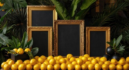 Naklejka premium Vibrant tropical celebration table adorned with black decorations framed in gold and fresh lemons
