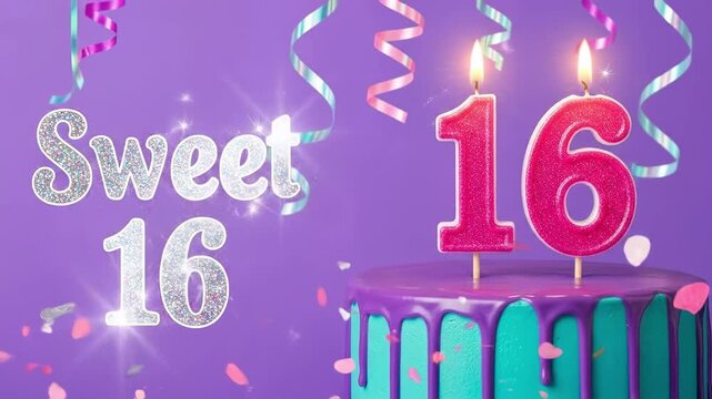 Sweet 16 Birthday Celebration with Teal Cake and Pink Glitter Candles on Purple Background
