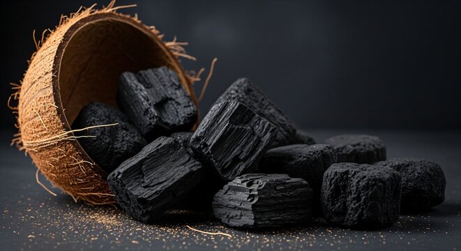 High-quality coconut shell charcoal pieces spilling from a husk bowl onto a dark surface. Sustainable, eco-friendly fuel and activated carbon source for detox and grilling.