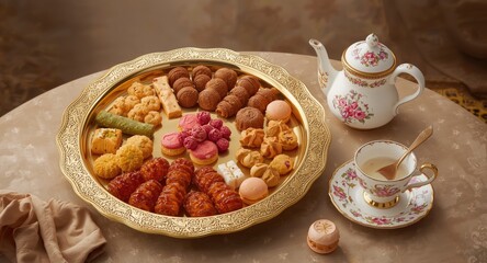 Naklejka premium Ornate golden tray presenting diverse Middle Eastern sweets alongside a heritage tea set