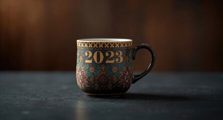 Naklejka premium New Year coffee cup embellished with 2023 year and festive designs