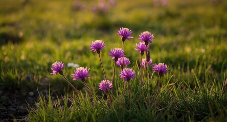 Striking purple saffron flowers blooming with content gatherers in picturesque golden hour field