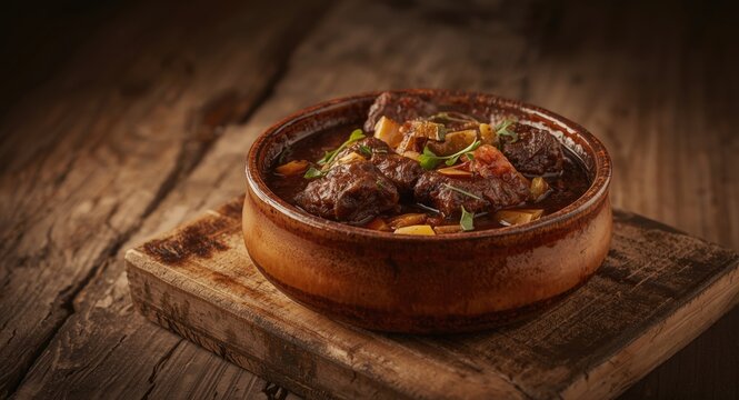 Authentic Obe Ila Alasepo beef stew in ceramic bowl displayed over old wood