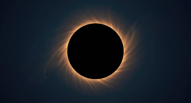 Total eclipse of the sun displaying the moon's shadow and a shining corona ring