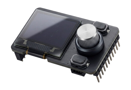 Microcontroller module with OLED display and rotary encoder.