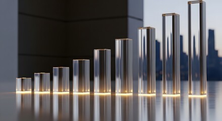 Obraz premium Glowing glass bar graph rising against cityscape background, symbolizing financial growth, success, and economic progress