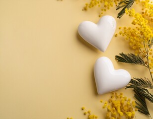  Top view of white ceramic heart decoration with mimosa wreath on pale yellow background. Women's day concept