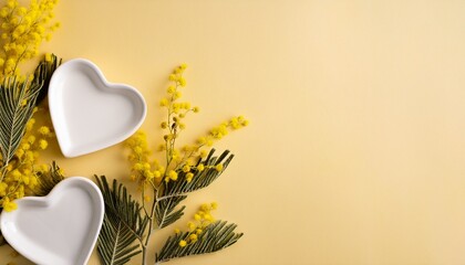  Top view of white ceramic heart decoration with mimosa wreath on pale yellow background. Women's day concept