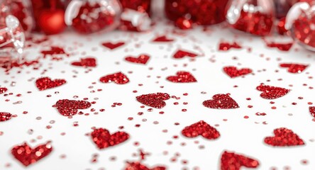 Naklejka premium Holiday white backdrop featuring glowing red heart shaped glitter for parties