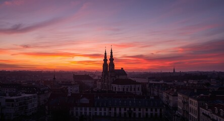Naklejka premium Sunset aerial view of a landmark church edifice