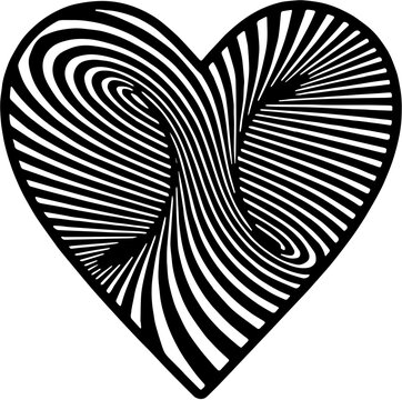 Abstract heart shape with black and white optical illusion, hypnotic vortex stripes love symbol