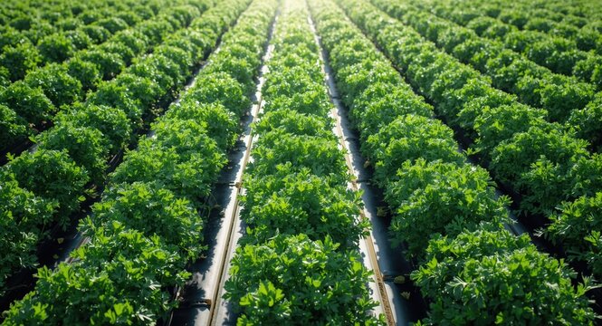 Vibrant curly parsley plants arranged in rows under radiant sunlight in a herb farm