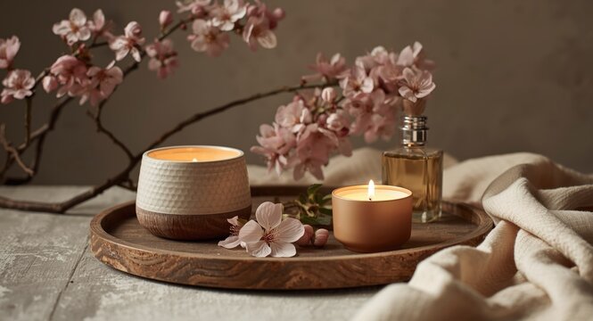 Home aroma vignette on wooden tray with a diffuser, lit candle, cherry blossom flowers, and a perfume bottle for hygge ambiance