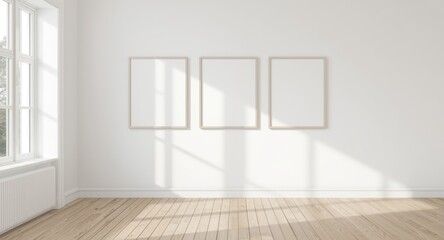 Scandinavian design living room featuring wooden flooring, white walls, three frames on wall, and an empty wall ideal for mockup display