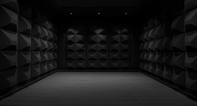 Room interior with pyramid structured soundproof panels on walls and a flat floor in a dark atmosphere