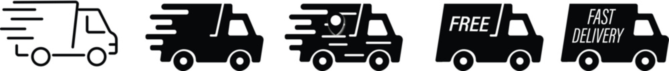 Delivery Truck icon set. Express delivery trucks icons. 24 hours, fast van, Free shipping. shipping vehicles, transportation symbols, express service, commercial logistics.  © MDneamul