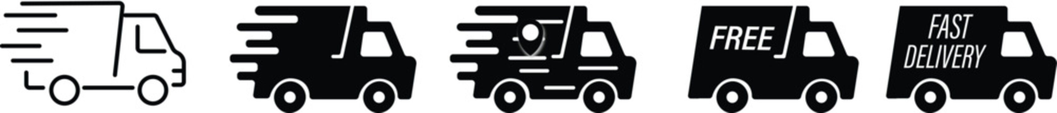 Delivery Truck icon set. Express delivery trucks icons. 24 hours, fast van, Free shipping. shipping vehicles, transportation symbols, express service, commercial logistics.
