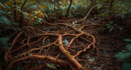 Fototapeta premium natural forest floor displaying vibrant root tangles among vegetation