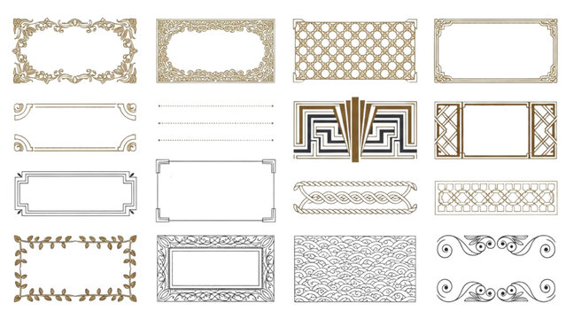 Collection of ornate frames and decorative borders in various gold and white designs on a transparent background