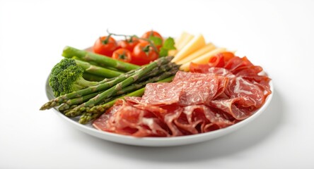 Balanced gourmet meal with fresh green vegetables ripe red tomatoes and assorted cheese and meat cuts on white plate background