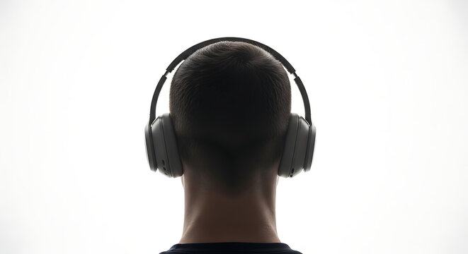 Man wearing headphones listening to music in a minimalist studio setting