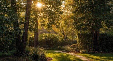 Obraz premium Sunlit summer garden with blurred rays filtering through leafy trees capturing nature background