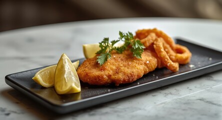 Tasty schnitzel fried to crispiness with lemon wedges and onion rings on a dark serving tray