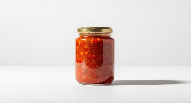 Spicy salsa preserved in a glass container set on white background