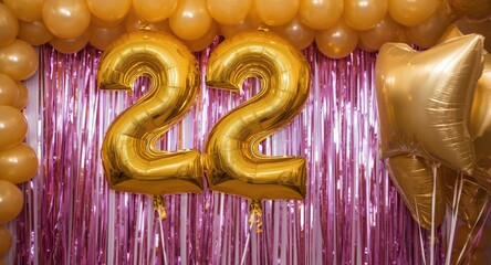 Naklejka premium Bright golden helium balloons celebrating two decades showcased in a lively party backdrop