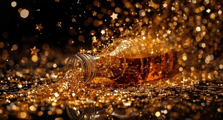 Naklejka premium Festive atmosphere formed by golden spirals stars and shimmering sequins bursting from bottle neck