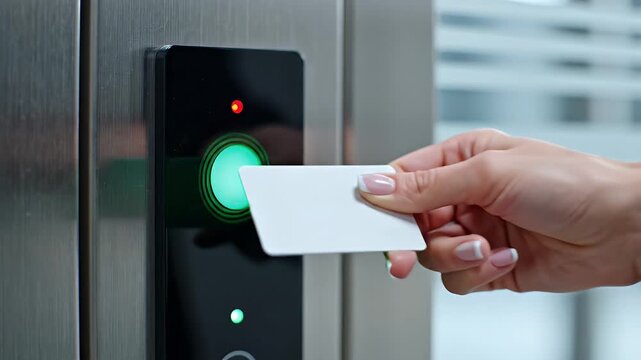 Close-up of a hand holding a blank card near an access control reader with a red light