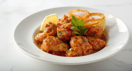 Fototapeta premium Spicy Indian Chicken 65 served with fresh curry leaves lemon wedges and crispy onion rings on white plate
