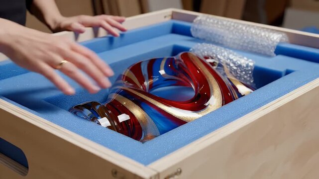 Hands carefully placing a colorful glass sculpture into a protective wooden crate lined with blue foam