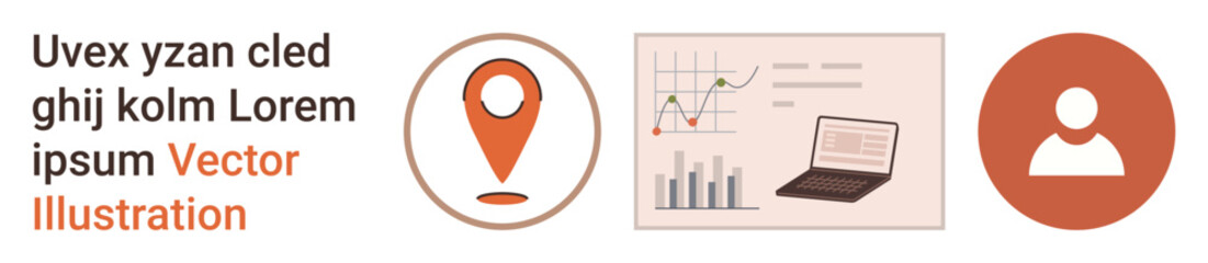 Data analysis, navigation, business growth, user interface, digital strategy, connectivity. A location pin, charts with laptop and user icon. Data analysis and navigation concepts