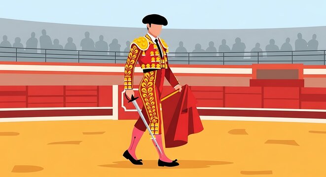 Matador Walking in Bullring with Cape.