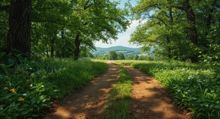 Obraz premium Rustic dirt pathway weaving in abundant summer forest with distant hills