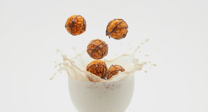Milk splashes dynamically as vanilla and chocolate corn balls fall into bowl on clear backdrop