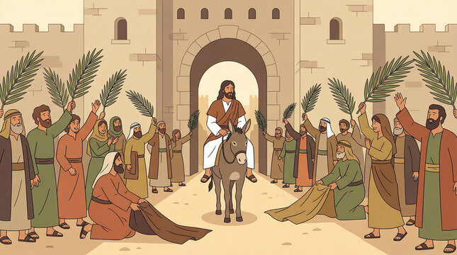 Jesus rides a donkey into Jerusalem as crowds wave palm branches and lay down cloaks