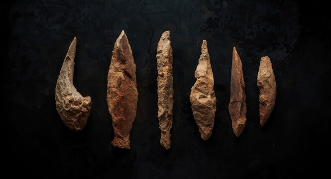 Paleolithic burin flint implements from ancient Acheulean culture on black