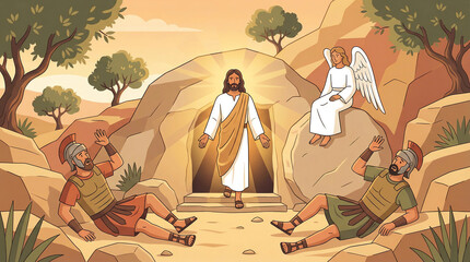 Naklejka premium Jesus Christ rises from the tomb with an angel and guards in awe