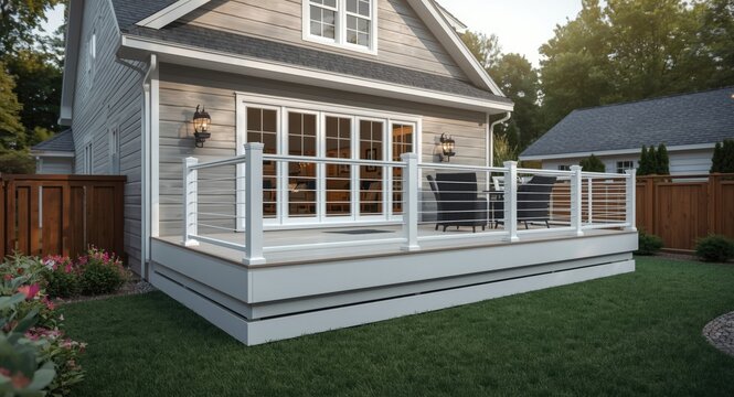 Raised deck and courtyard with white wood fascia and vinyl siding on attic window and roof line
