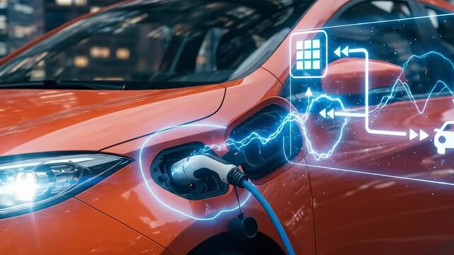 Orange electric car charging with smart grid energy management digital overlay