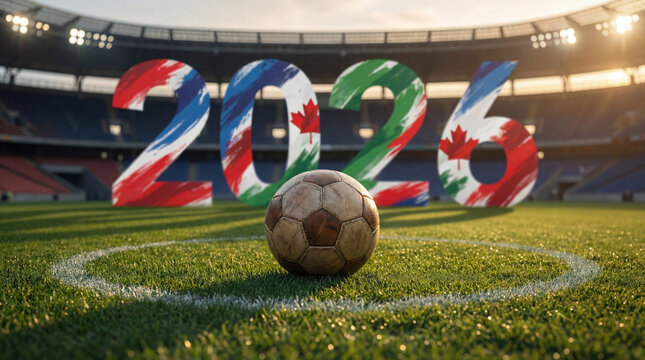 Fu&szlig;ball Weltmeisterschaft 2026 Motiv Fu&szlig;ball auf Rasen Spielfeld mit Flagge, WM 2026