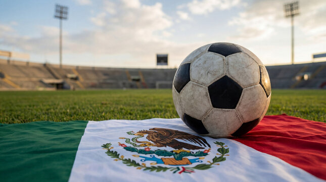 Fu&szlig;ball Weltmeisterschaft 2026 Motiv Fu&szlig;ball auf Rasen Spielfeld mit Flagge, WM 2026