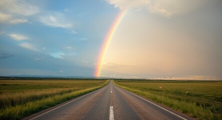 Dreamlike abstract landscape showing sunlit road and vibrant rainbow over grassy plains