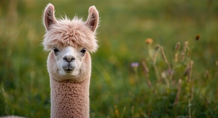 Fototapeta premium Merry pink llama with a prominent fluffy head coat standing on grass